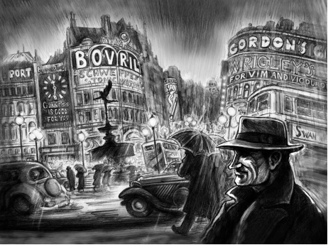 Kelly Riggs in Piccadilly in The Case of the Blood Red Stars