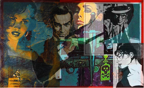 Above: Background—Robert McGinnis’s cover for Ellery Queen’s Best Mysteries of 1964; Left to Right: Saturday Evening Post illustration by Edwin Georgi from the ’40s; iconic image of Sean Connery from the poster for From Russia With Love by Renato Fratini, 1963; Alex Raymond’s comic strip detective, Rip Kirby, circa 1950; Peter O’Donnell’s exotic comic strip and book heroine Modesty Blaise by Jim Holloway. 