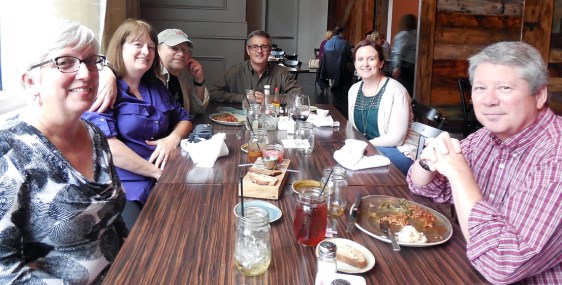 The EQMM nominees lunch. Pictured from L to R: Elaine Helms, Amy Marks, Paul Marks, Art Taylor, Tara Laskowski, and Rick Helms.
