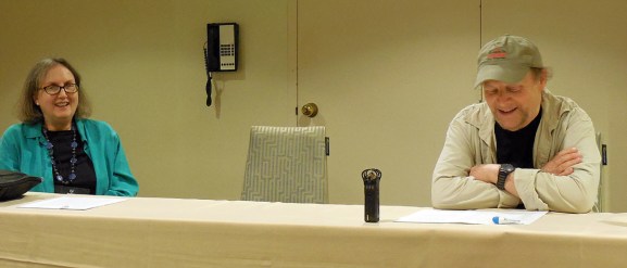 Janet Hutchings and Paul D. Marks recording a podcast for his story 